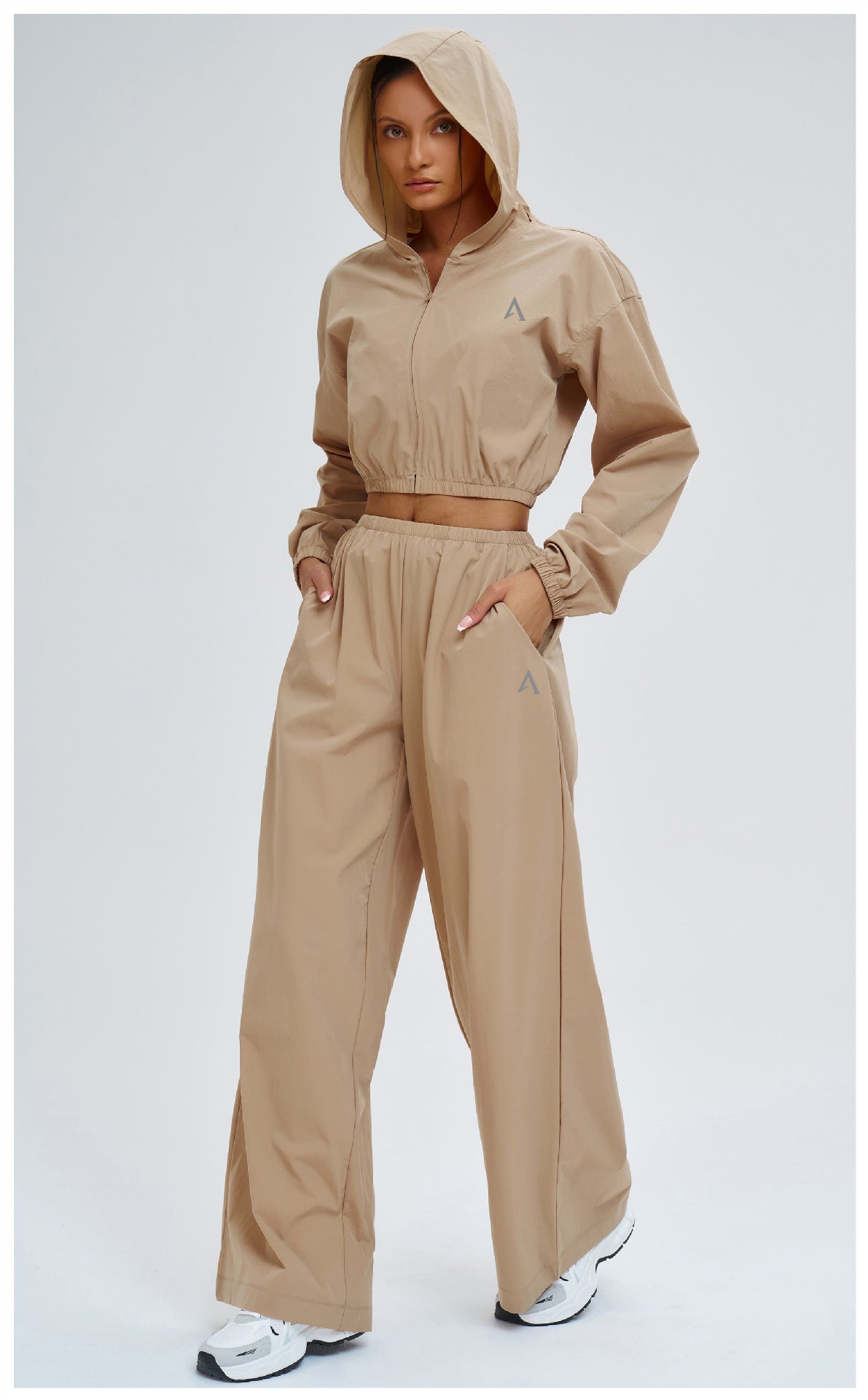 Beige Cropped Zip-Up Top & Wide-Leg Trouser Set